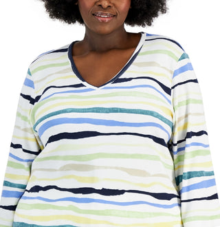 Karen Scott Women's Sasha Stripe 3/4 Sleeve Top Green Size 4X