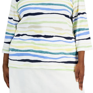 Karen Scott Women's Sasha Stripe 3/4 Sleeve Top Green Size 4X