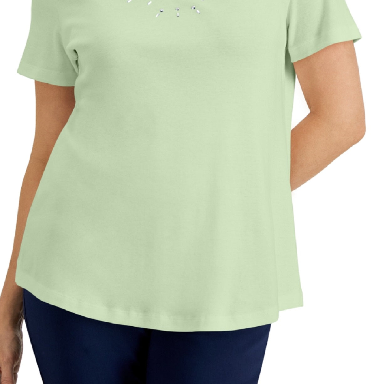 Karen Scott Women's Cotton Studded V Neck Top Green Size Large