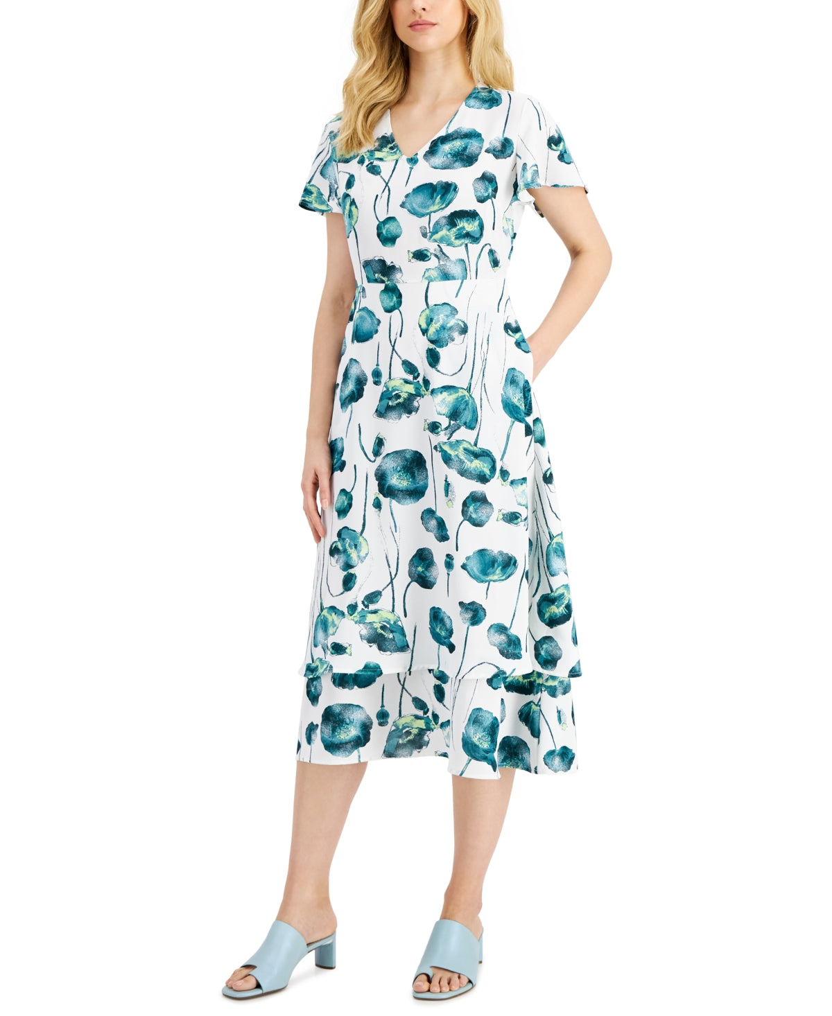 Alfani Women's Flutter Sleeve Printed Dress White Size 20W