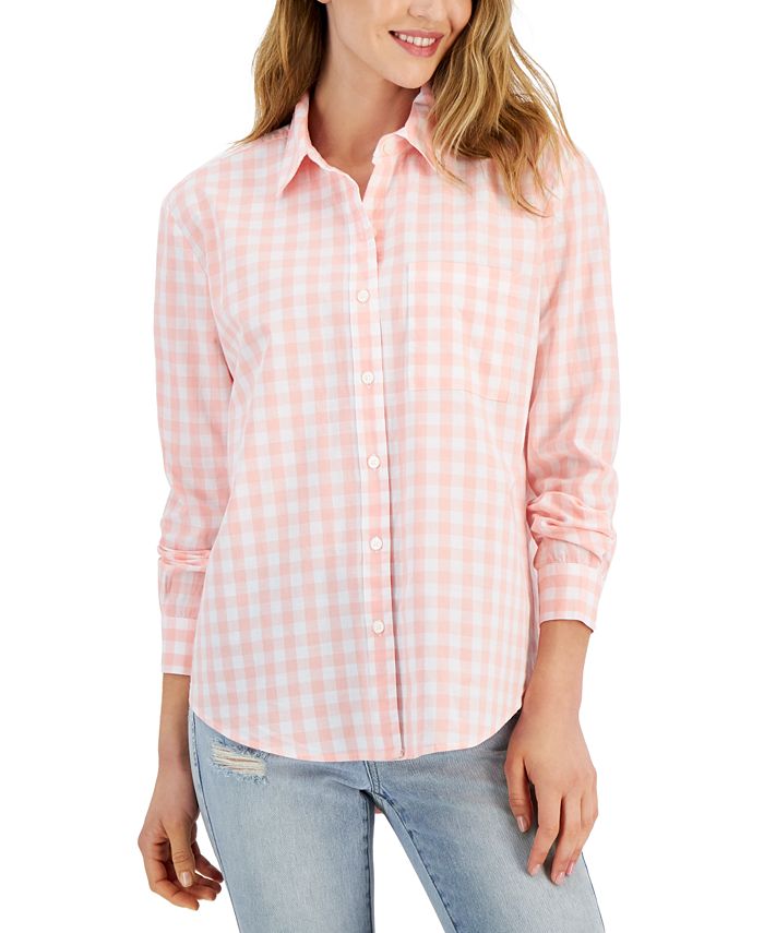 Style & Co Women's Cotton Gingham Boyfriend Shirt Pink Size Petite Small