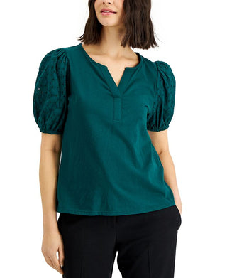 Alfani Women's Eyelet Puff Sleeve Top Green Size Petite X-Large
