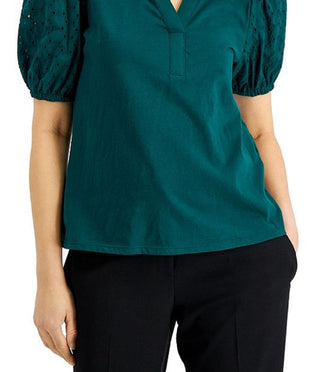 Alfani Women's Eyelet Puff Sleeve Top Green Size Petite X-Large