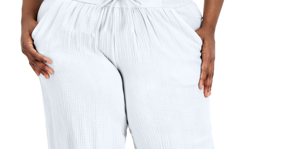 Jm Collection Women's  Plus Size Gauze Drawstring Pants White Size 3X