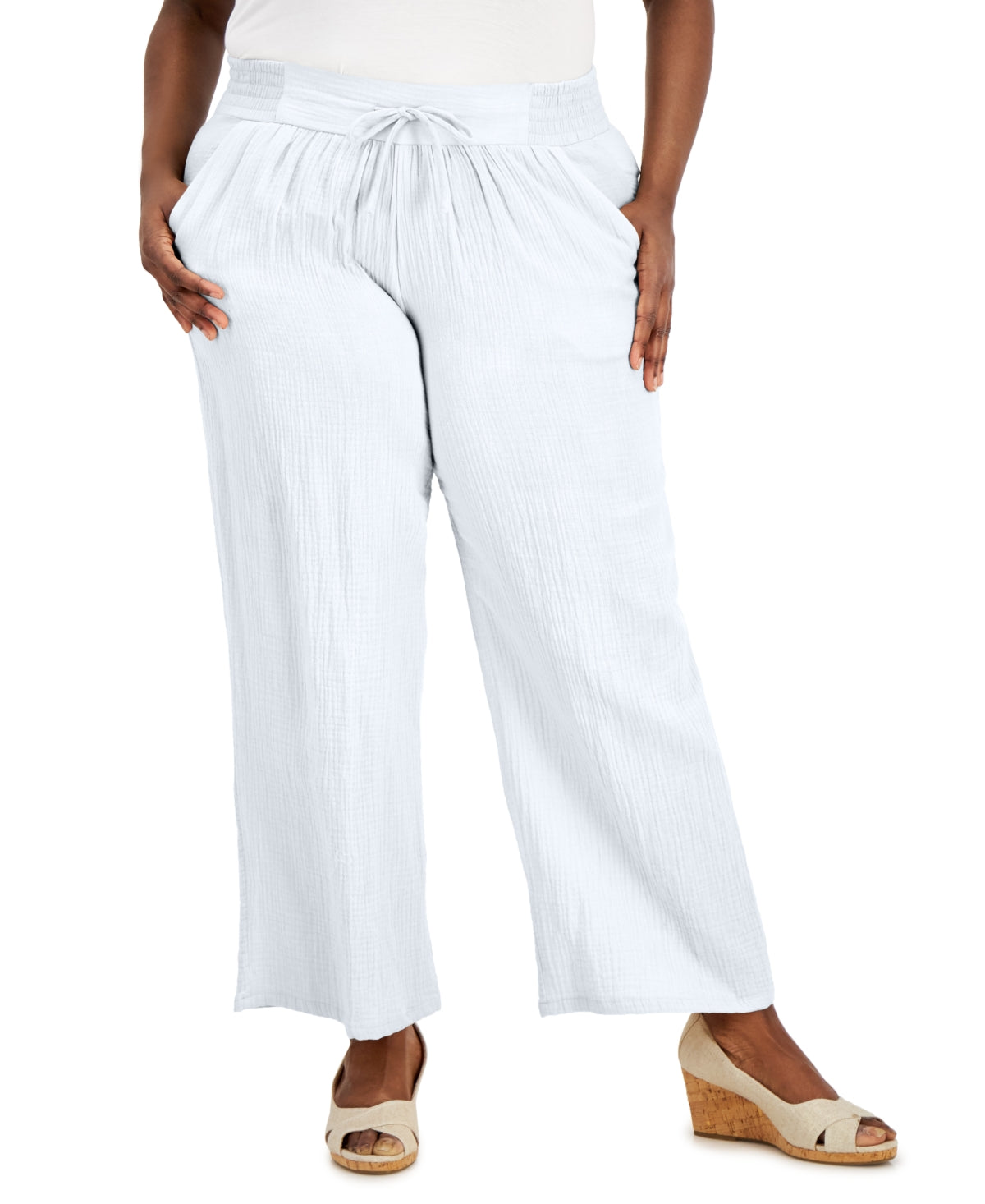 Jm Collection Women's  Plus Size Gauze Drawstring Pants White Size 3X