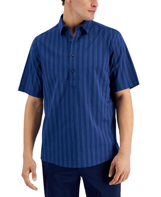 Alfani Men's Regular Fit Yarn Dyed Stripe Poplin Popover Shirt Blue Size Small