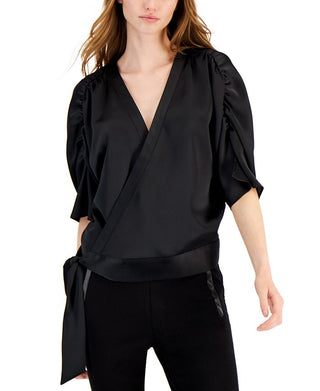 INC International Concepts Women's Satin Wrap Top Black Size X-Large