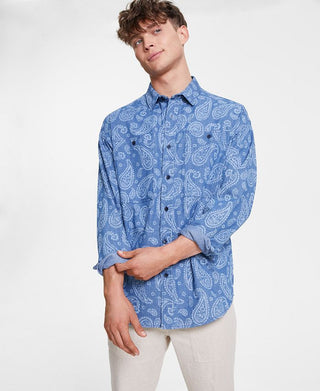 Sun + Stone Men's Paisley Long Sleeve Button up Shirt Blue Size Medium