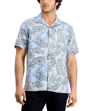 Club Room Men's Regular Fit Paisley Print Camp Shirt Blue Size Medium