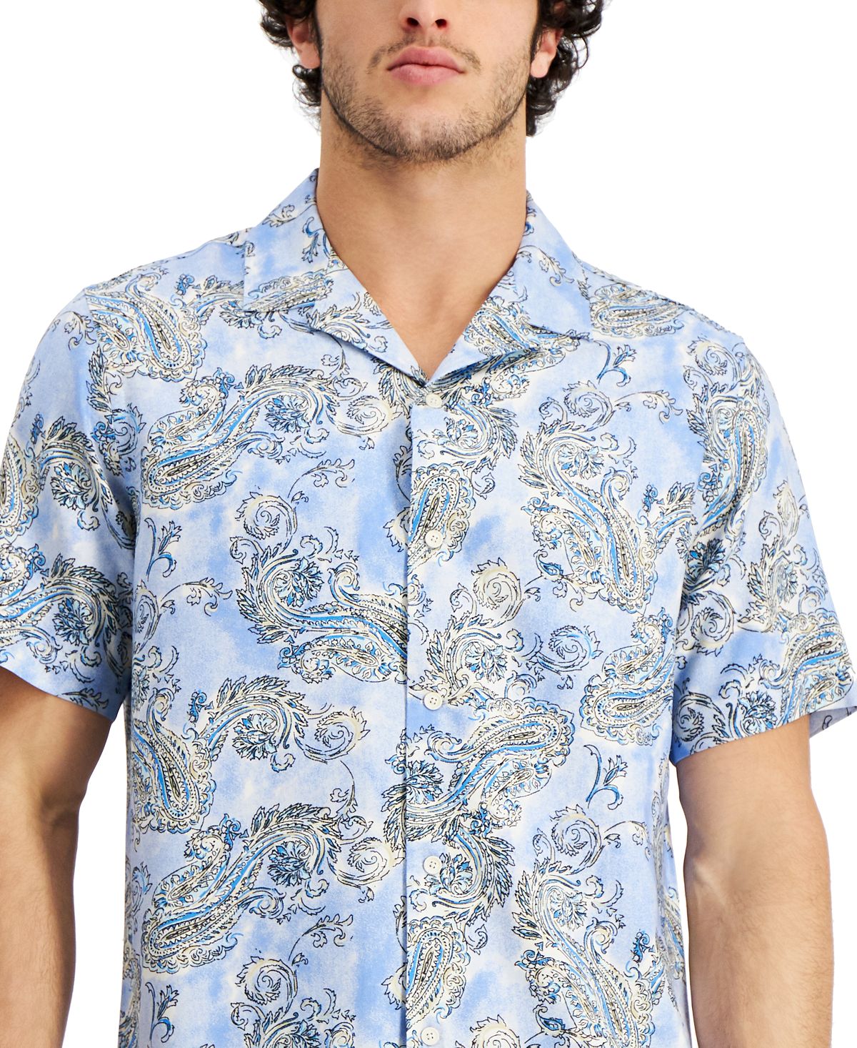 Club Room Men's Regular Fit Paisley Print Camp Shirt Blue Size Large