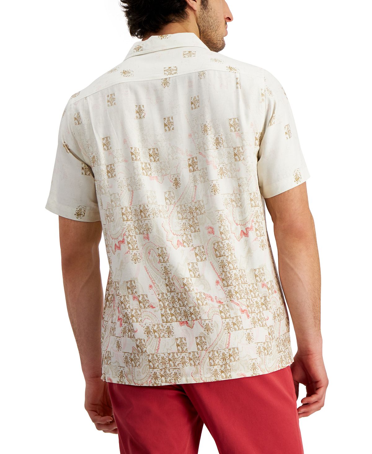 Club Room Men's Regular Fit Paisley Tile Print Camp Shirt Brown Size Medium