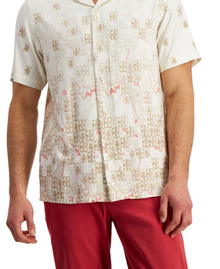 Club Room Men's Regular Fit Paisley Tile Print Camp Shirt Brown Size Medium