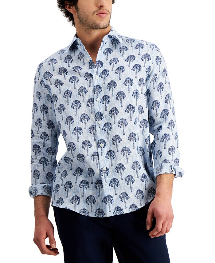 Club Room Men's Regular Fit Palm Tree Print Linen Shirt Blue Size X-Large