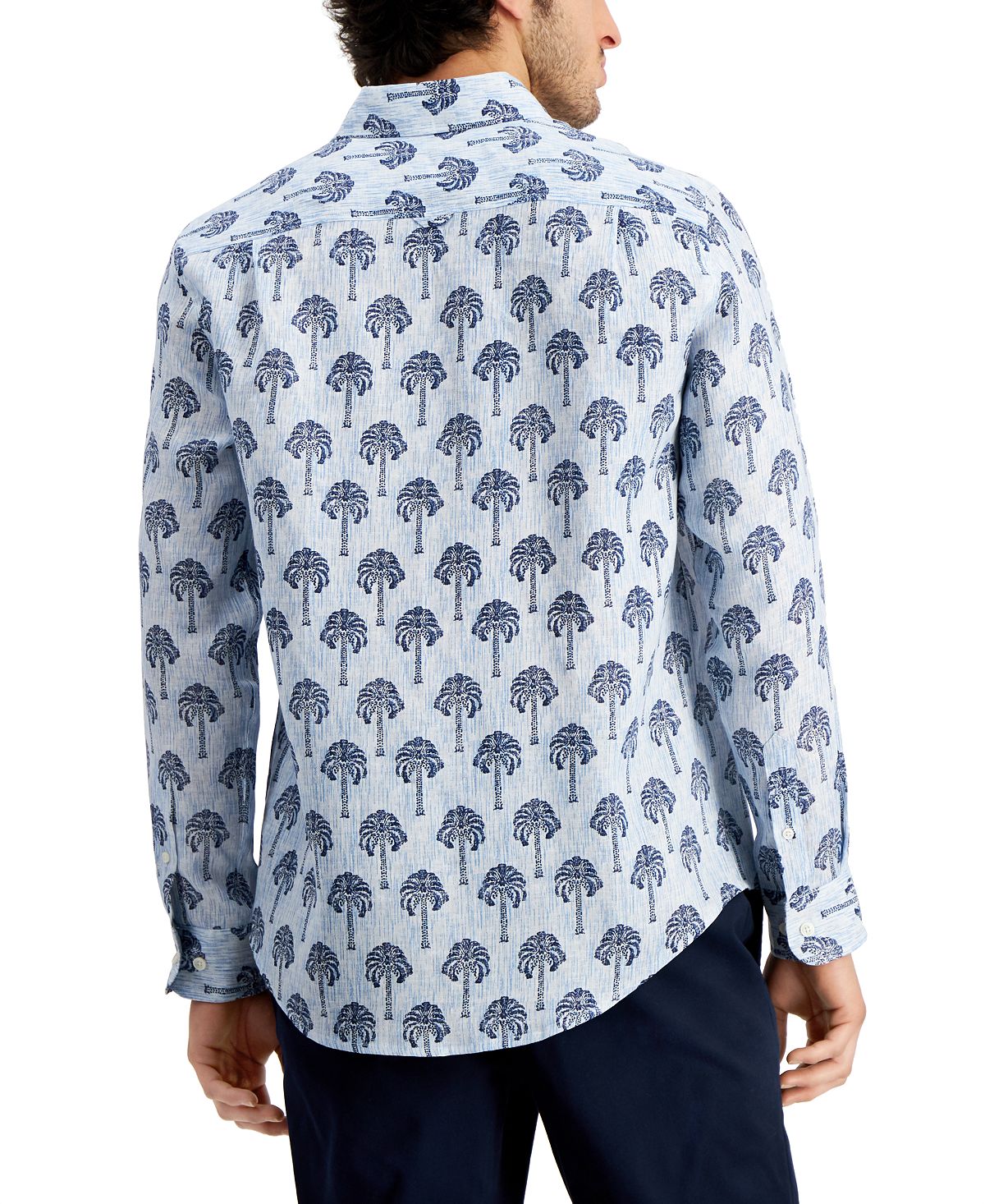 Club Room Men's Regular Fit Palm Tree Print Linen Shirt Blue Size X-Large