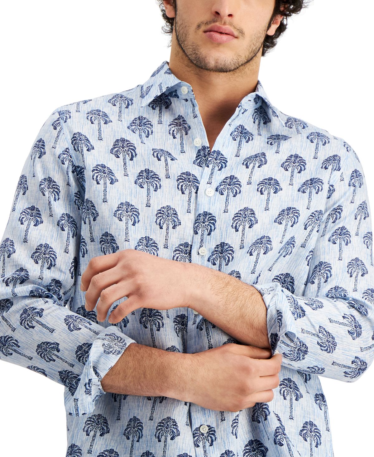 Club Room Men's Regular Fit Palm Tree Print Linen Shirt Blue Size X-Large