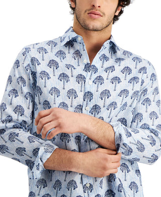 Club Room Men's Regular Fit Palm Tree Print Linen Shirt Blue Size XX-Large