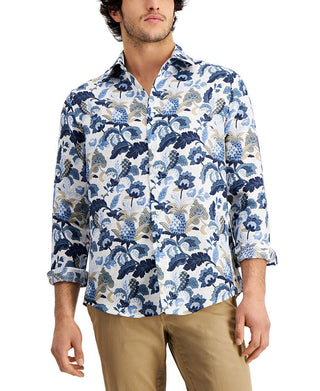Club Room Men's Regular Fit Jacobean Floral Print Linen Shirt Blue Size Medium