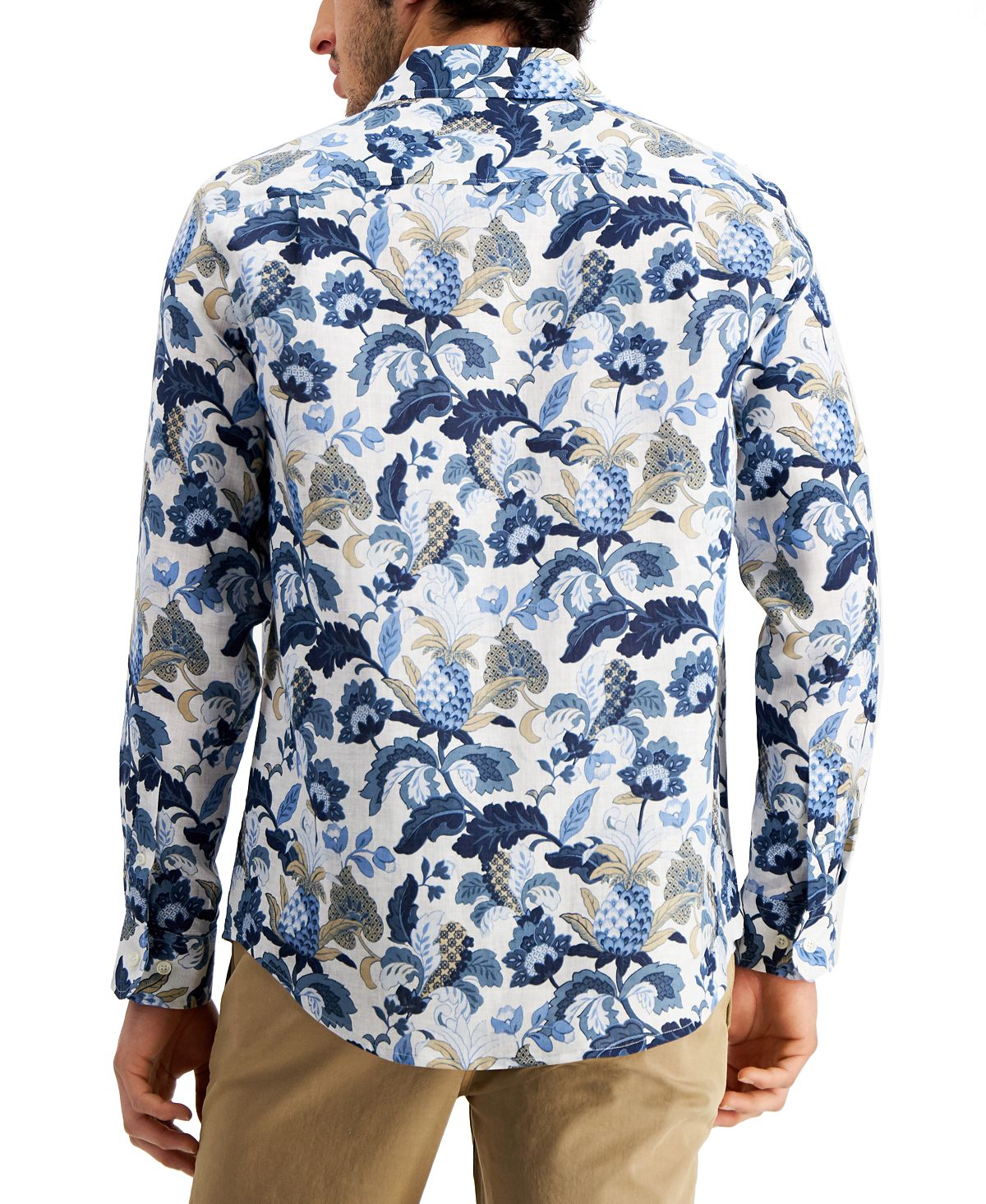 Club Room Men's Regular Fit Jacobean Floral Print Linen Shirt Blue Size Medium