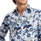 Club Room Men's Regular Fit Jacobean Floral Print Linen Shirt Blue Size Medium