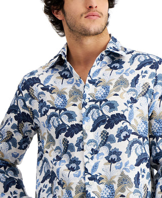 Club Room Men's Regular Fit Jacobean Floral Print Linen Shirt Blue Size Medium