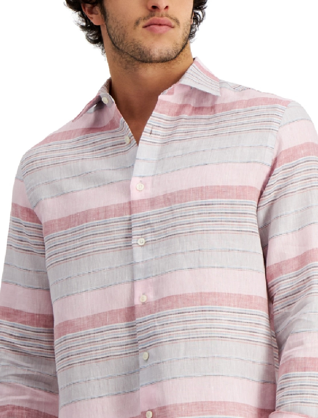Club Room Men's Regular Fit Stripe Linen Shirt Pink Size Medium