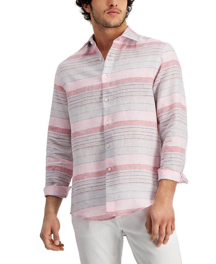 Club Room Men's Regular Fit Stripe Linen Shirt Pink Size Large