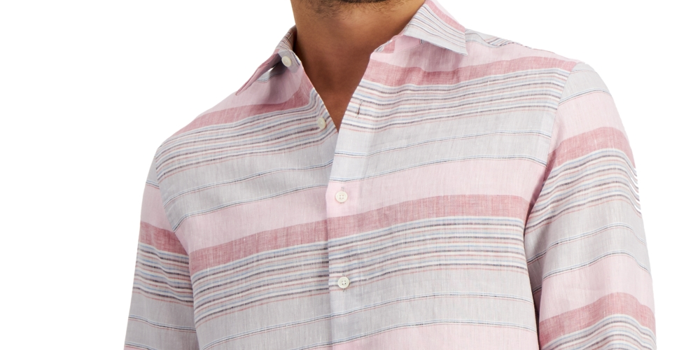 Club Room Men's Regular Fit Stripe Linen Shirt Pink Size Large