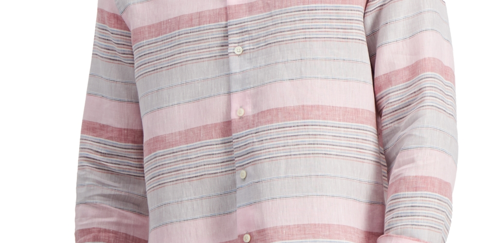 Club Room Men's Regular Fit Stripe Linen Shirt Pink Size Large