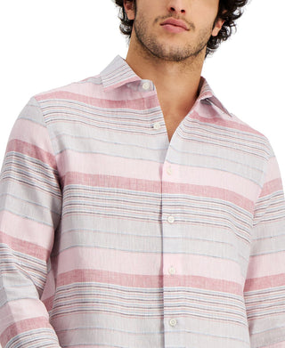 Club Room Men's Regular Fit Stripe Linen Shirt  Pink