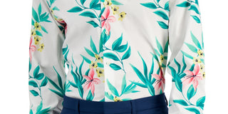 Bar III Men's Slim Fit Tropical Print Dress Shirt White Size Large