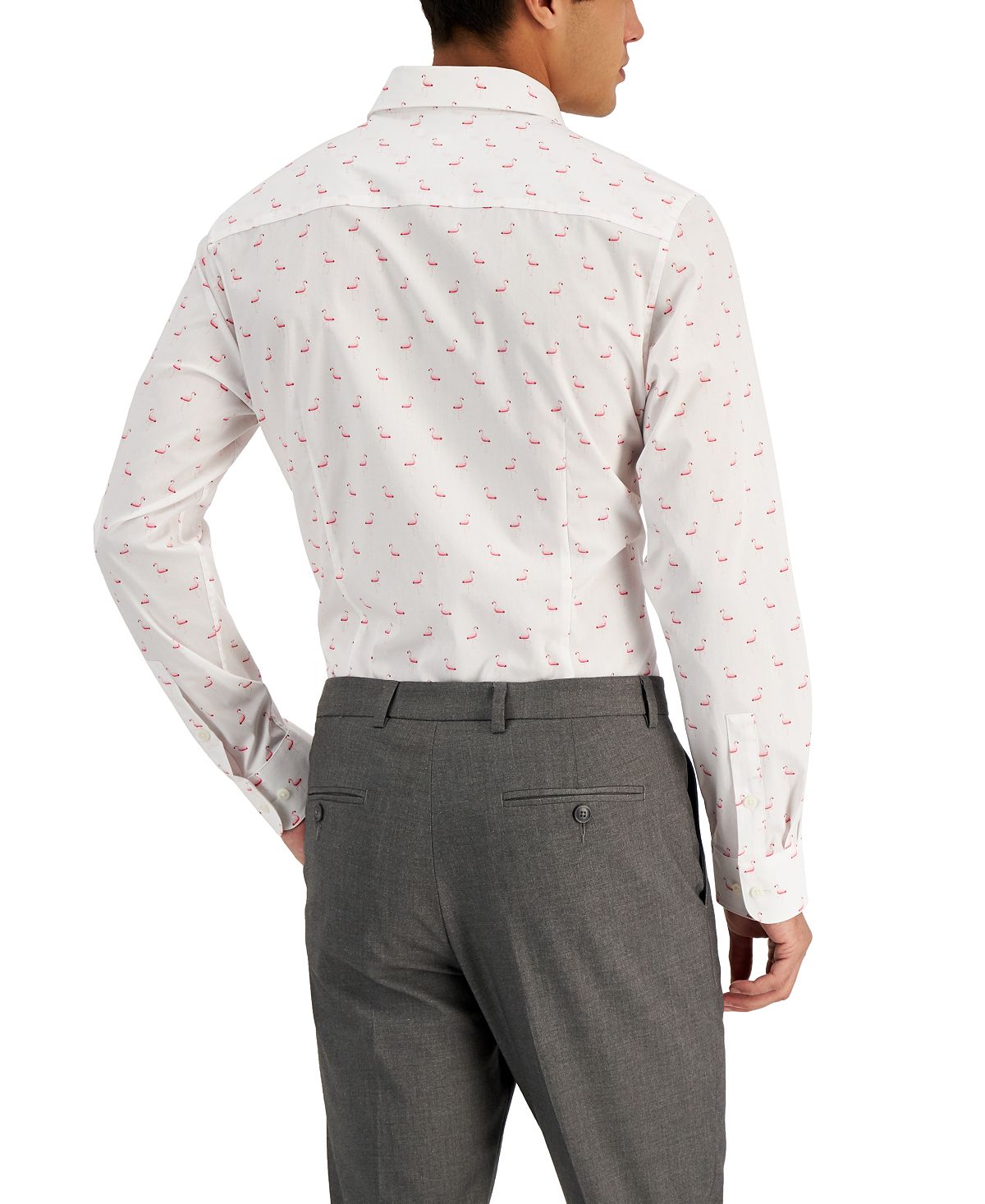 Bar III Men's Slim Fit Flamingo Print Dress Shirt White Size Medium