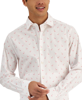 Bar III Men's Slim Fit Flamingo Print Dress Shirt White Size Medium