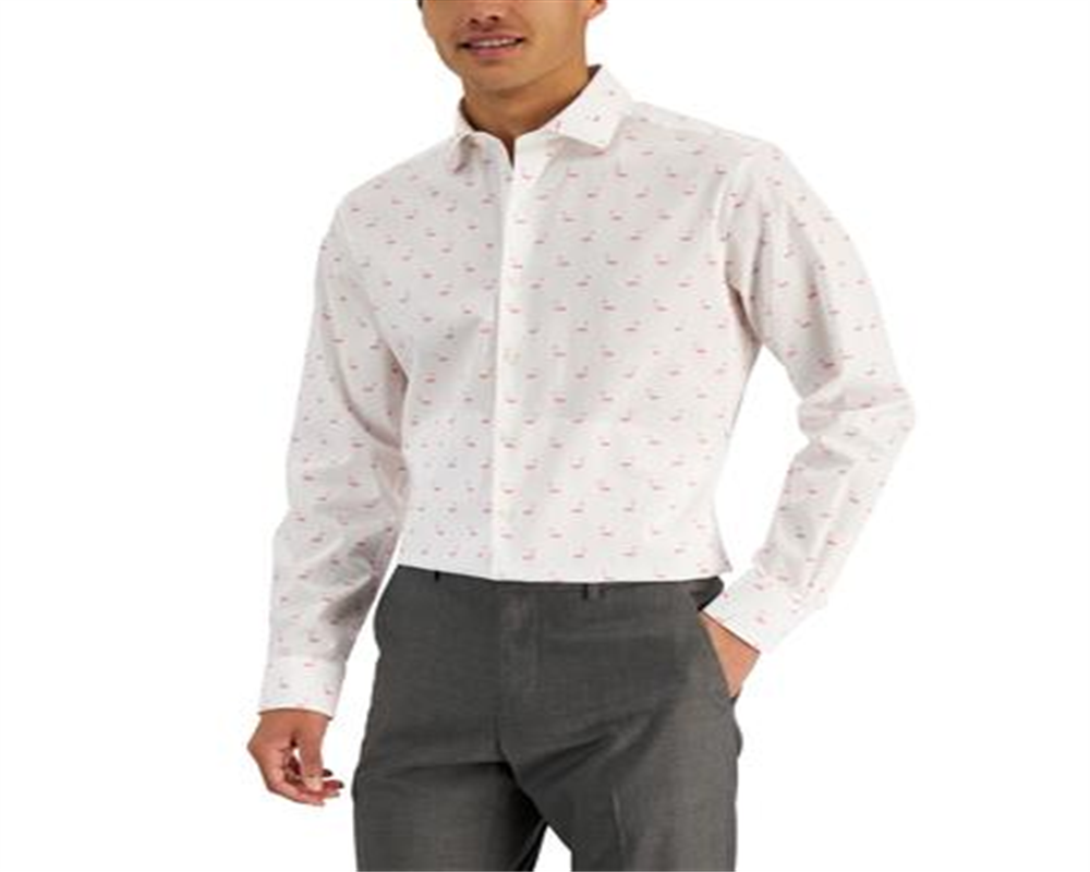 Bar III Men's Slim Fit Flamingo Print Dress Shirt White Size Medium