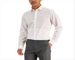 Bar III Men's Slim Fit Flamingo Print Dress Shirt White Size Medium