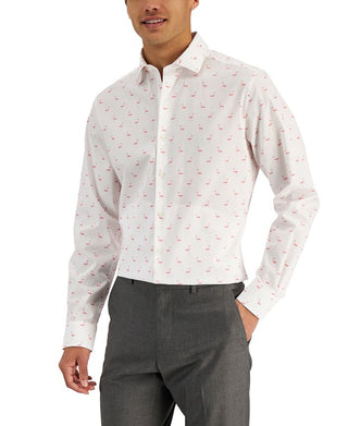Bar III Men's Slim Fit Flamingo Print Dress Shirt White Size X-Large