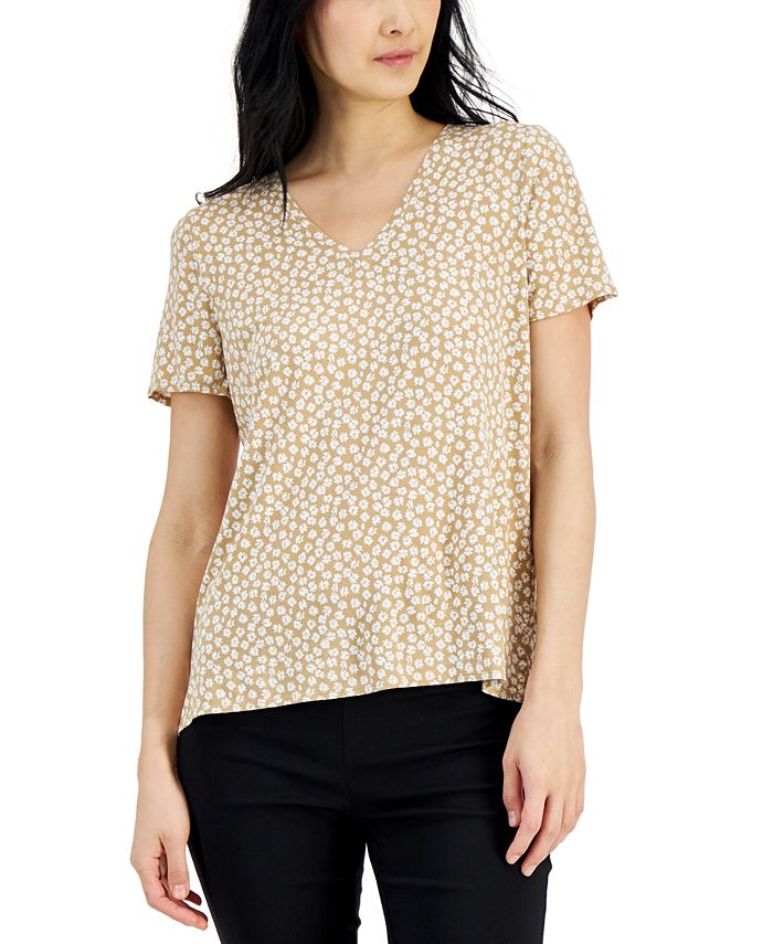 Alfani Women's Printed V Neck T-Shirt Brown Size X-Large