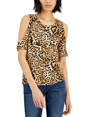 INC International Concepts Women's Leopard Printed Cold Shoulder Knit Top Black Size X-Large