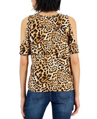 INC International Concepts Women's Leopard Printed Cold Shoulder Knit Top Black Size X-Large