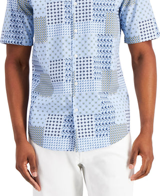 Alfani Men's Geometric Knit Back Short Sleeve Shirt Blue Size Small