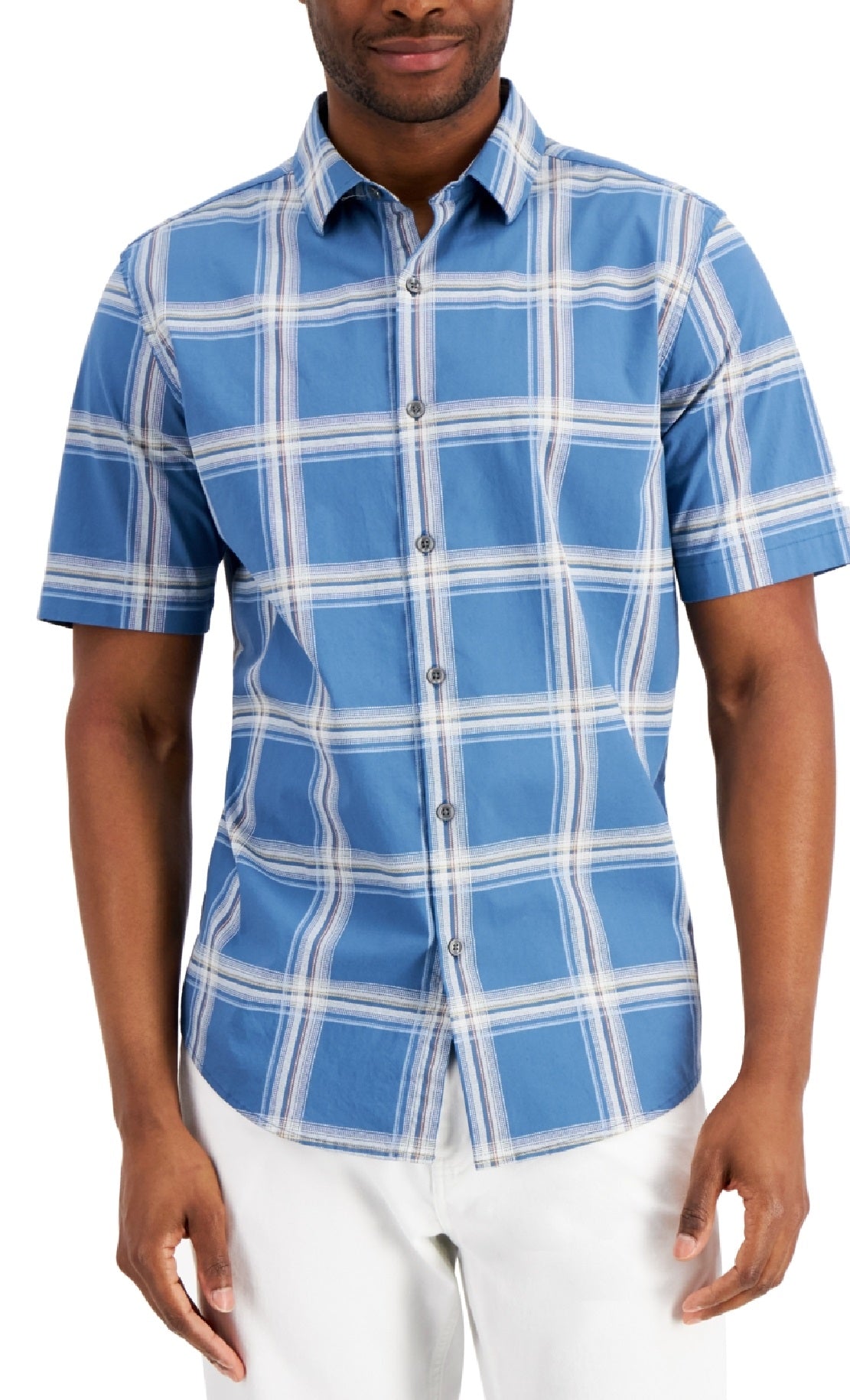 Alfani Men's Rolo Plaid PrinT-Shirt Blue Size Small