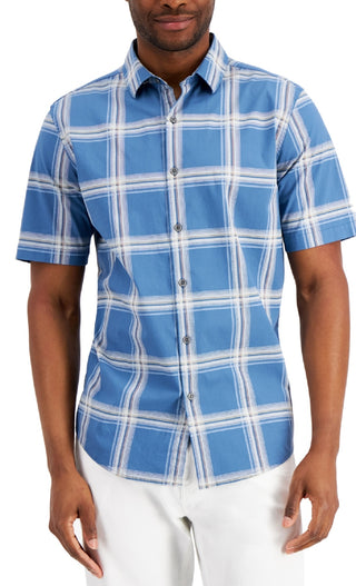 Alfani Men's Rolo Plaid PrinT-Shirt Blue Size Small