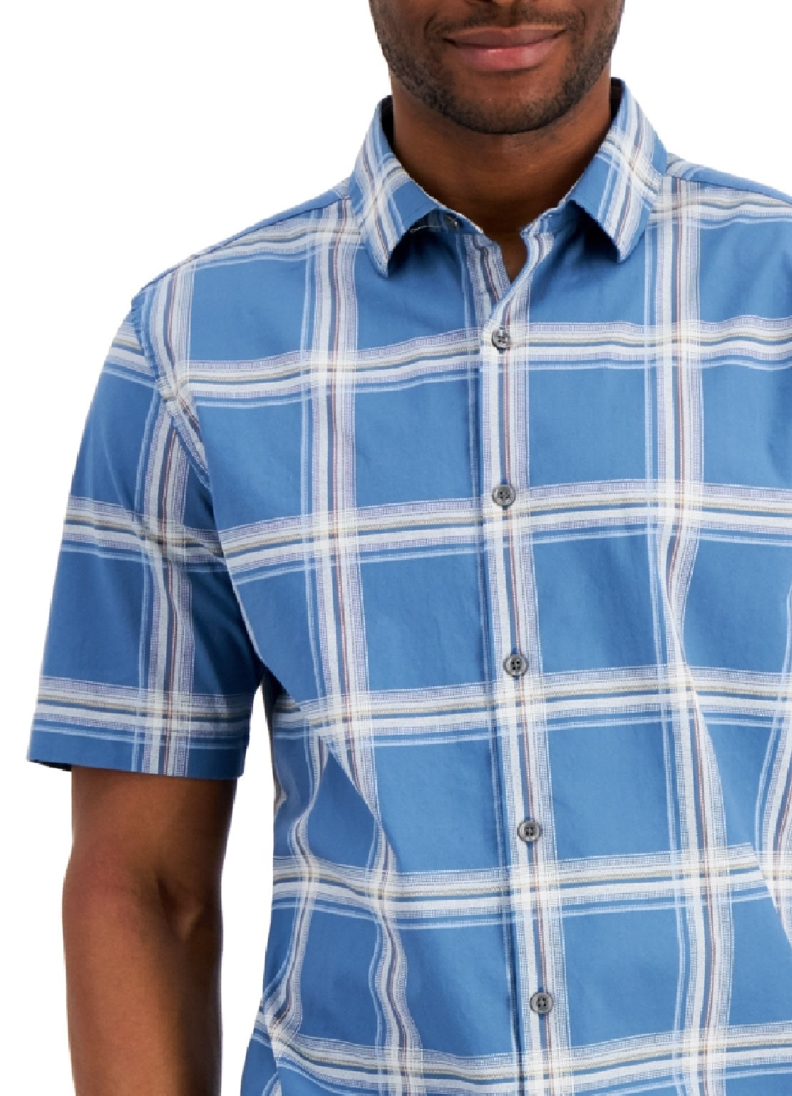 Alfani Men's Rolo Plaid PrinT-Shirt Blue Size Small