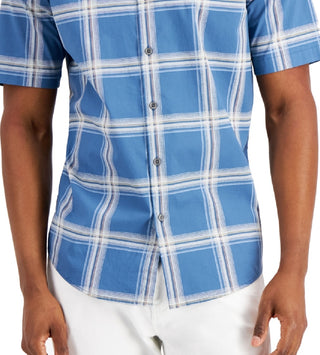 Alfani Men's Rolo Plaid PrinT-Shirt Blue Size Small
