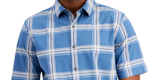 Alfani Men's Rolo Plaid PrinT-Shirt Blue Size Medium