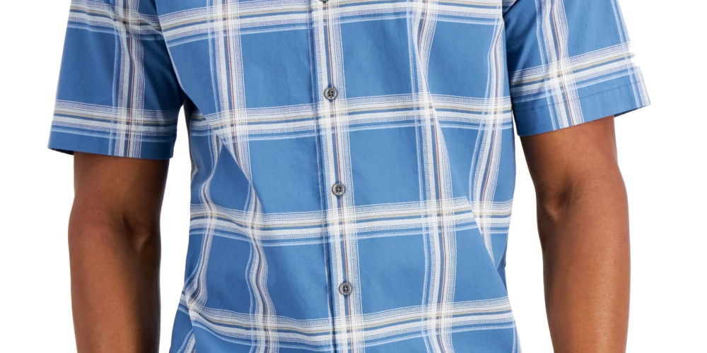 Alfani Men's Rolo Plaid PrinT-Shirt Blue Size Medium