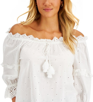 Charter Club Women's Cotton Schiffli Top White Size Petite Small