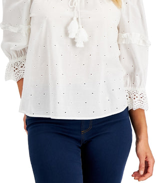 Charter Club Women's Cotton Schiffli Top White Size Petite Small