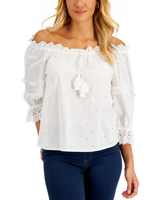 Charter Club Women's Cotton Schiffli Top White Size Petite Small