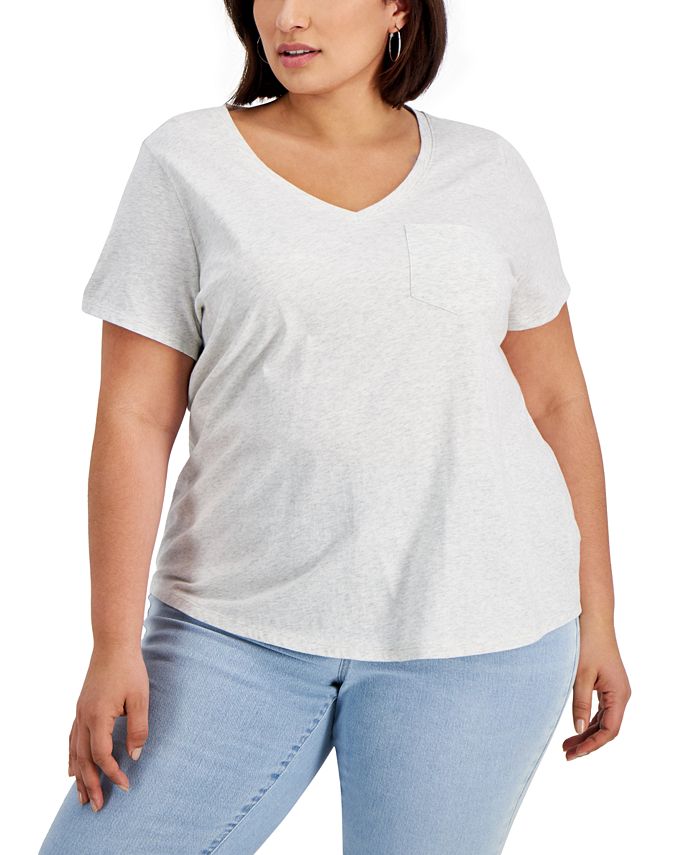 Style & Co Women's Cotton Solid V Neck Top Gray Size 0X