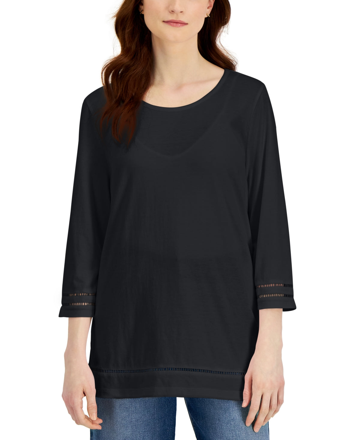 Karen Scott Women's Lattice Trim Top Black Size Medium